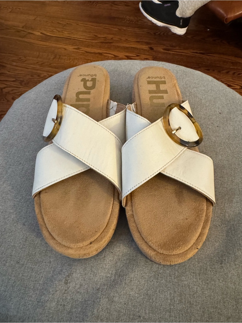 Hush Puppies Cream Cross-Strap Slide Sandals with Tortoiseshell Ring